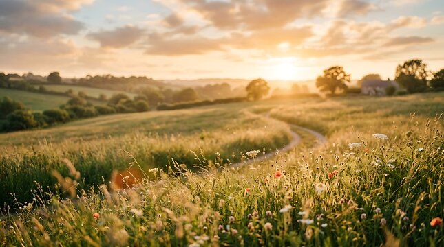 Serene landscape with winding path through grassy field of wildflowers at sunrise or sunset with trees on horizon and cloudy sky