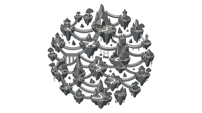 Circular cluster of floating islands with bridges and houses.
