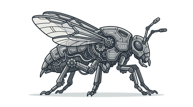 Steampunk mechanical bee robot insect side view illustration.