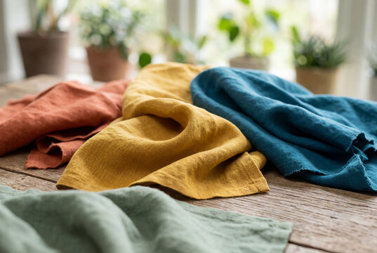 Colorful linen fabrics spread out on a wooden table