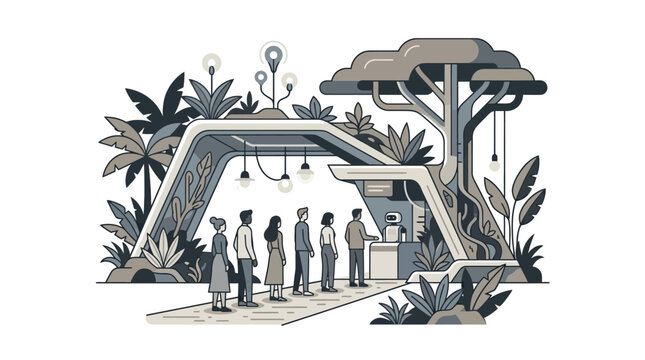 People queuing at a modern stylized outdoor information desk.