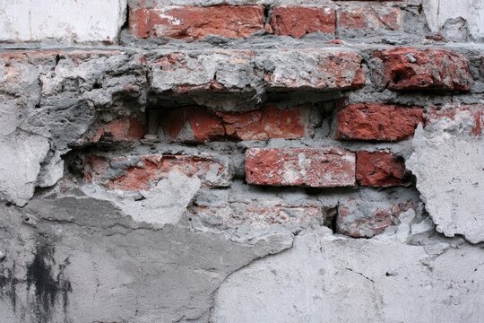 Close-up of weathered red brick wall with crumbling concrete and visible mortar