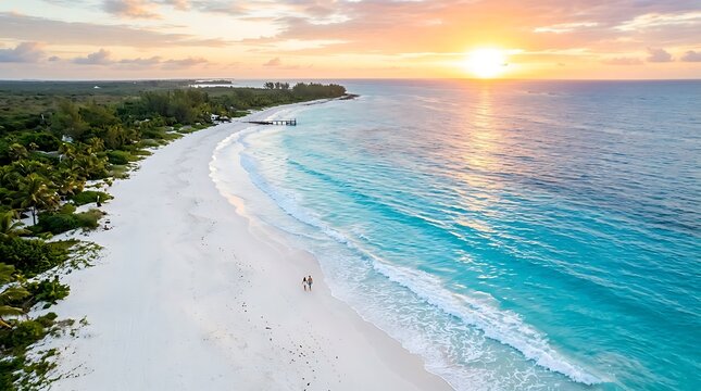 Serene tropical beach at sunset with lush greenery and gentle waves lapping at shore