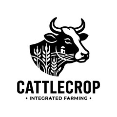 Fototapeta premium Cattle Crop Logo: Integrated Farming with Cow Head, Wheat, and Barn Icon