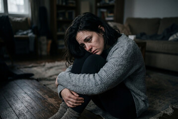 Obraz premium Depressed young woman sitting on the floor hugging her knees