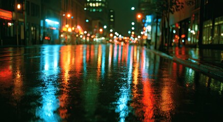 Obraz premium Wet asphalt reflects vibrant city lights in a bokeh-filled, urban nighttime scene