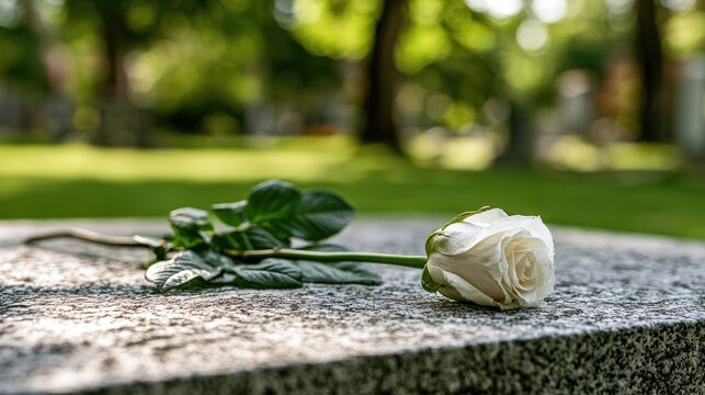A single white rose rests on a textured granite surface in a cemetery