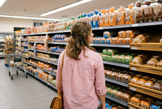 Woman standing from behind in a supermarket aisle looking at bread shelves