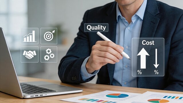 Businessman analyzing quality cost efficiency on digital interface, holding stylus pen over laptop, growth arrows and percentage signs, strategic management consulting, improving