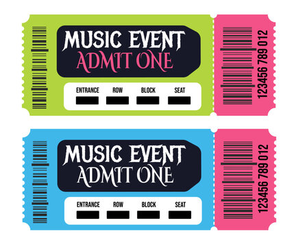 Music event tickets, colorful admit one stubs, entrance illustration mockup blank