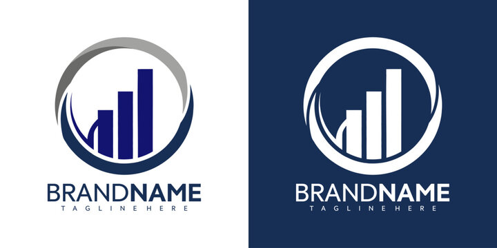 Vector graphic illustration of two business logo designs with bar graphs and brand name templates in blue and white colors for companies