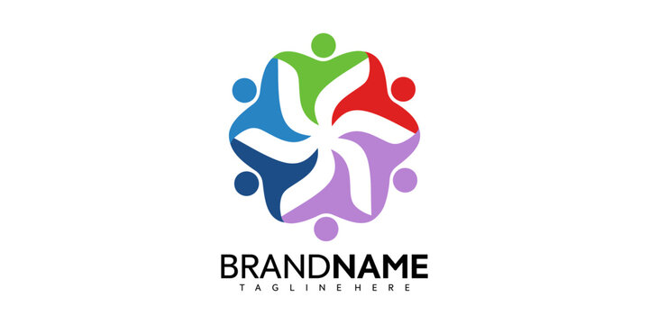 Colorful vector illustration of diverse people joining hands in a circle for a brand logo design