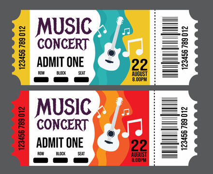Music concert tickets, colorful admit one passes, event illustration mockup blank