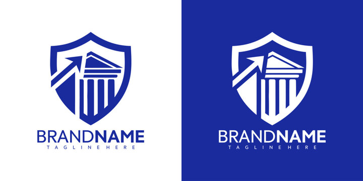 Vector graphic illustration of a shield logo with a building design and brand name template in blue and white colors for business or company use with tagline.