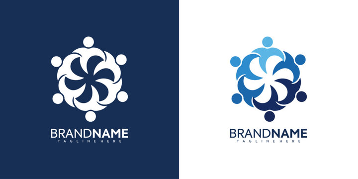 Vector graphic illustration of two business logo designs featuring people icons in white and blue colors for branding and company identity purposes with tagline space.