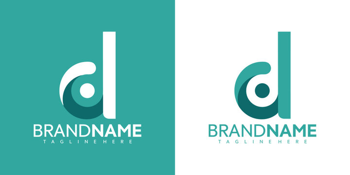 Modern vector logo design featuring stylized letter d with brandname and tagline on white and teal backgrounds for business identity