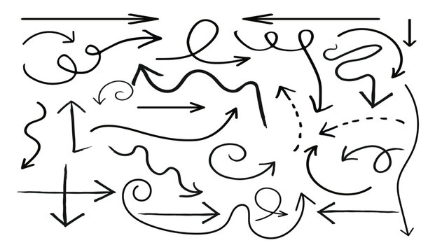 Collection hand drawn arrows. Doddle arrow set, collection of hand drawn arrows, Arrow mark icons. Various black brush drawn curved arrows .Black and white illustration.