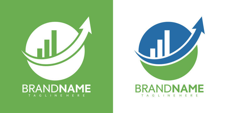 Vector graphic illustration of two business logos with bar graphs and arrows on green and blue backgrounds for branding and marketing purposes with modern design elements and text placeholders.