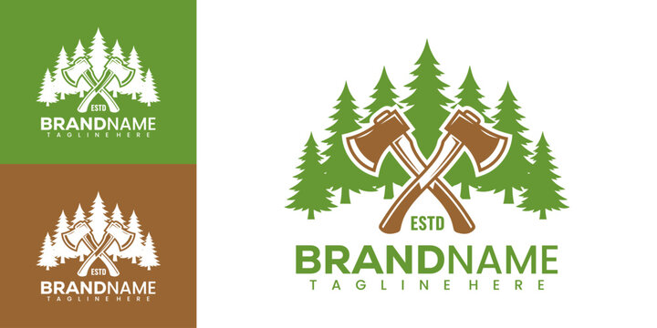 Vector graphic illustration of a brand logo featuring crossed axes and pine trees in a rustic design with a green and brown color scheme for outdoor or lumberjack themed businesses.