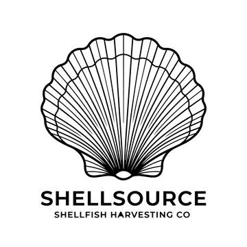 Seashell logo, scallop shell graphic, seafood business brand, outline illustration