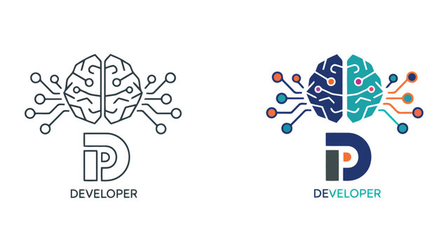 Developer identity logo design featuring brain and circuit board elements with stylized letter D for software engineering branding and artificial intelligence technology companies