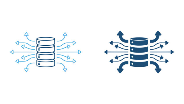 Data server storage unit with multi-directional flow arrows flat vector icon set for cloud data management and information transfer technology concepts and professional web design assets