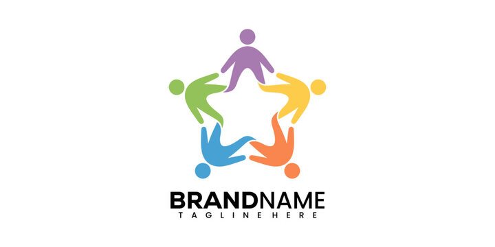 Colorful vector graphic illustration of diverse people joining hands in a circle for teamwork and partnership with brandname and tagline space