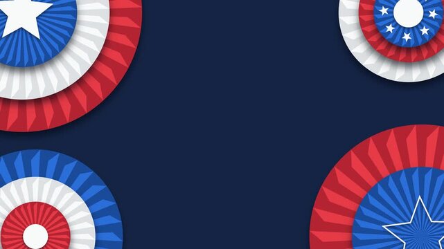 Patriotic USA background animation featuring red, white, and blue paper fan rosettes rotating in corners over a dark navy backdrop, creating a festive template for American holidays