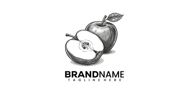 Vector illustration of a whole and halved apple with a leaf on a white background for branding and advertising purposes with bold typography