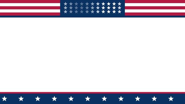 Patriotic USA flag frame background animation featuring american red white and blue stars and stripes on a clean white backdrop, creating a template with copy space for national holidays