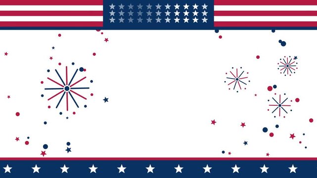 Patriotic USA flag frame animation with pop art fireworks bursting alongside floating star and dot confetti on a white background, creating a festive template for American holidays