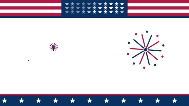 Patriotic USA flag frame animation featuring pop art style fireworks bursting on a clean white background, creating a festive template with copy space for American national holidays
