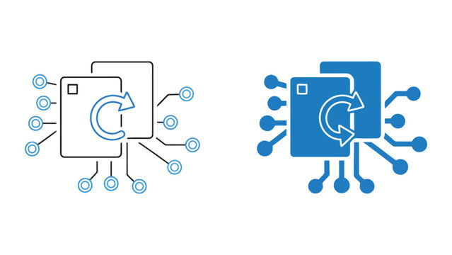 Cloud database refresh and system update vector icon set featuring synchronized hardware nodes and digital update cycle symbols for software maintenance and infrastructure management design