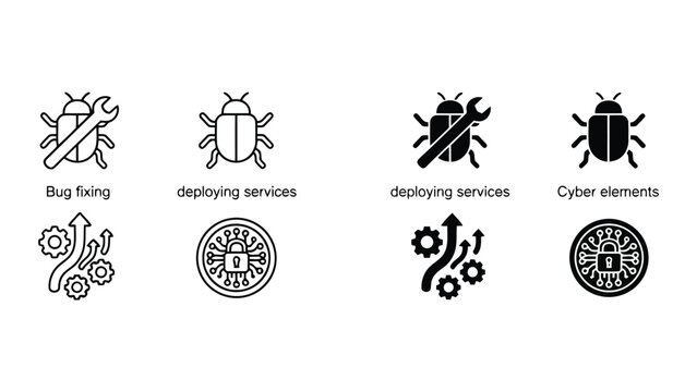 Software development and deployment icon set featuring bug fixing and cloud security gear symbols in outline and solid vector styles for technical documentation and developer platforms