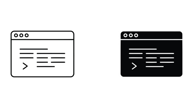 Web browser interface development icon showing code snippets and terminal command input in linear and solid styles for programming documentation and website user interface design concepts