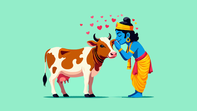Lord krishna with a cow, a symbol love and devotion in hinduism