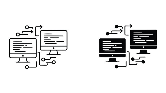 Computer network coding icon set showing multiple workstations with circuit paths for software development and server infrastructure connectivity themes on white background