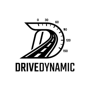DriveDynamic Logo: Speedometer and Road, Dynamic Movement