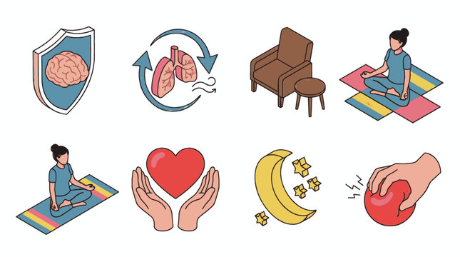 Collection of isometric icons representing health and wellness concepts, including brain protection, lung function, relaxation, and self-care.