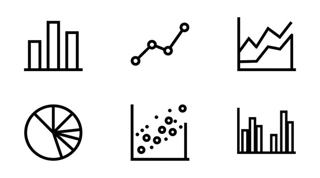 A minimalist infographic displaying various data visualization techniques, including bar charts, line graphs, pie charts, and scatter plots with grid lines