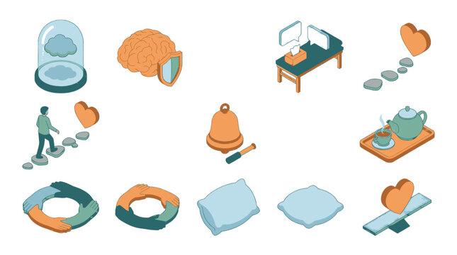 Collection of isometric icons representing concepts like mental health, well-being, and personal growth.