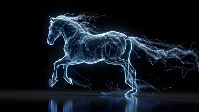 Ethereal glowing energy horse galloping across a dark surface
