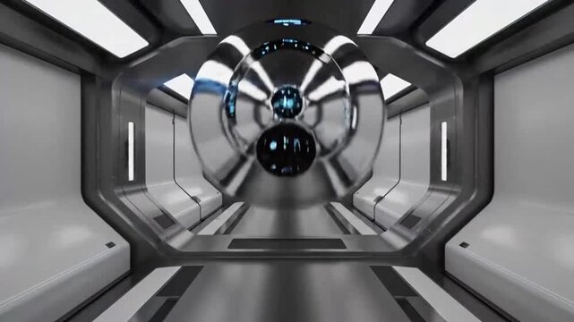 Futuristic spaceship corridor interior with advanced lighting.
