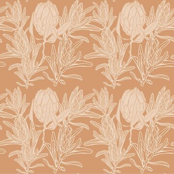 Seamless pattern with a large protea flower. Large flowers on a deep orange background. Textiles, wallpaper, fabric, wall art, decoration of the bedroom and living room