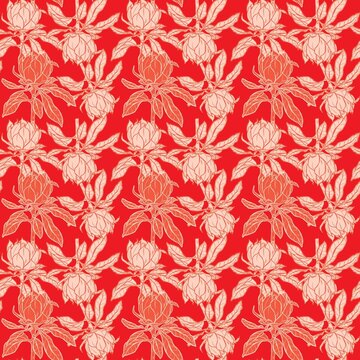 Seamless pattern with a large protea flower. Large flowers on a deep orange background. Textiles, wallpaper, fabric, wall art, decoration of the bedroom and living room