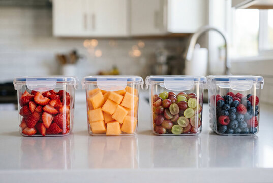 Clear airtight plastic containers filled with sliced fruits