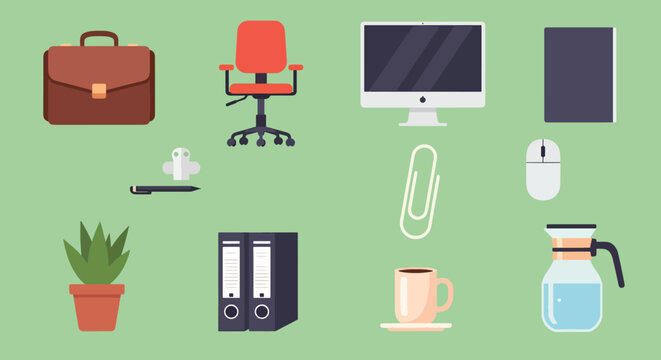 Collection of office supplies and electronics on display.