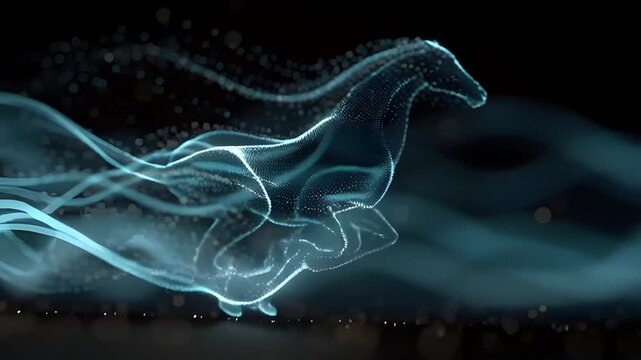 Abstract digital particle horse galloping in a dark space