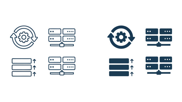 Server system synchronization and data update process icons featuring gear rotation and server racks in flat line and solid style for cloud server maintenance and data management visual assets