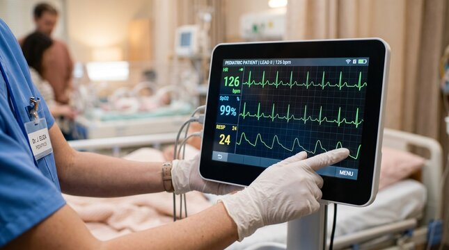 Doctor hand checking pediatric ECG monitor screen with steady heart pulse
